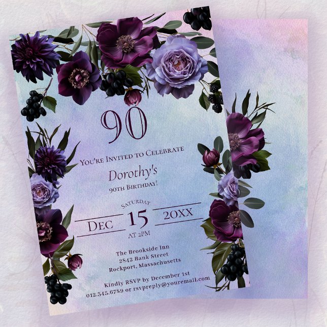 Invitation 90e anniversaire Moody Purple Gothic Flower (Créateur téléchargé)