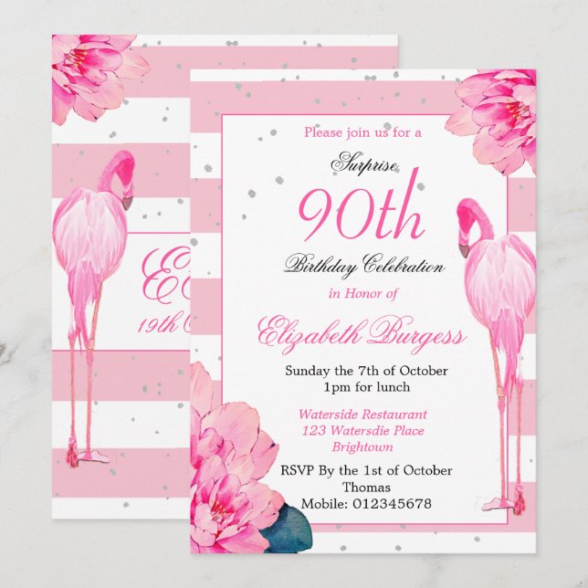 Invitation 90e anniversaire Ninetieth Flamant rose Monogramme (Devant / Derrière)
