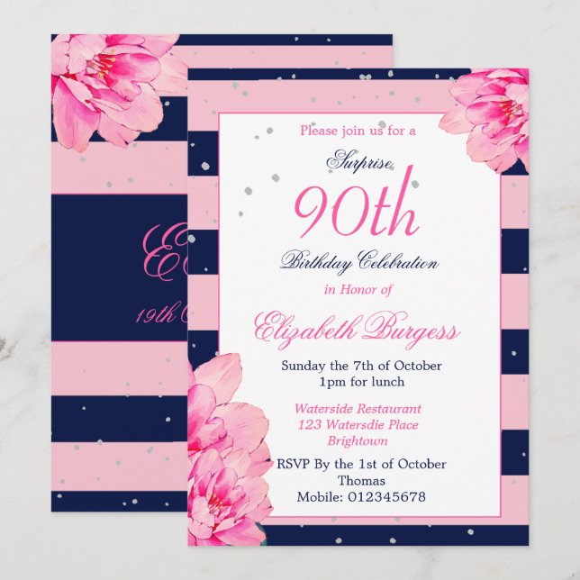 Invitation 90e anniversaire Ninetieth Marine Rose Monogramme  (Devant / Derrière)