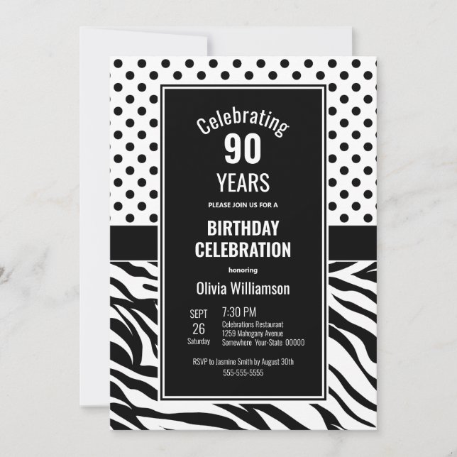 Invitation 90e anniversaire Noir Blanc Pois Zebra Stripes (Devant)