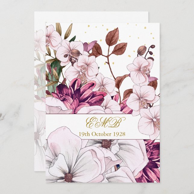 Invitation 90e Anniversaire Or  Bourgogne Rose Floral Élégant (Devant / Derrière)