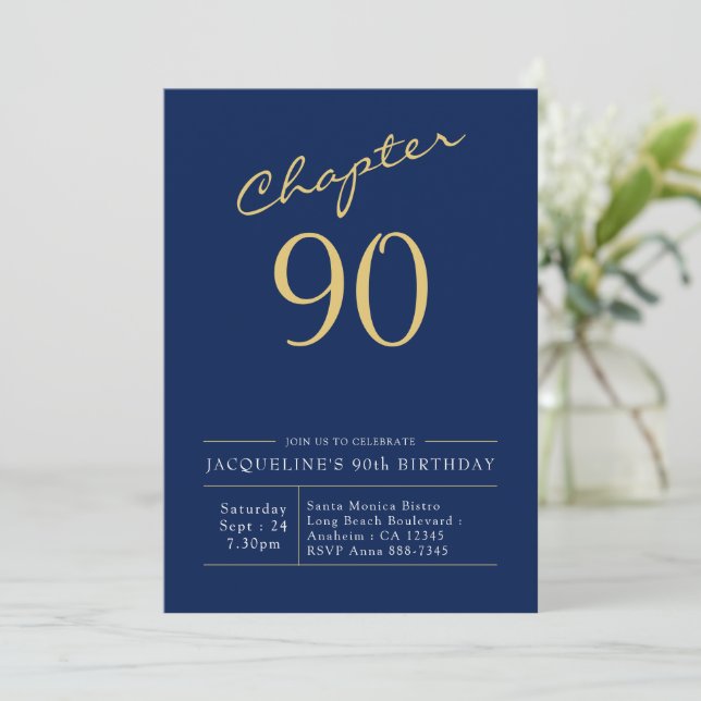 Invitation 90e Anniversaire Or Script moderne bleu (Debout devant)