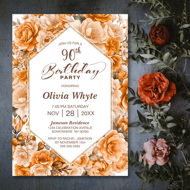 Invitation 90e anniversaire Orange Rose Floral Party (Créateur téléchargé)