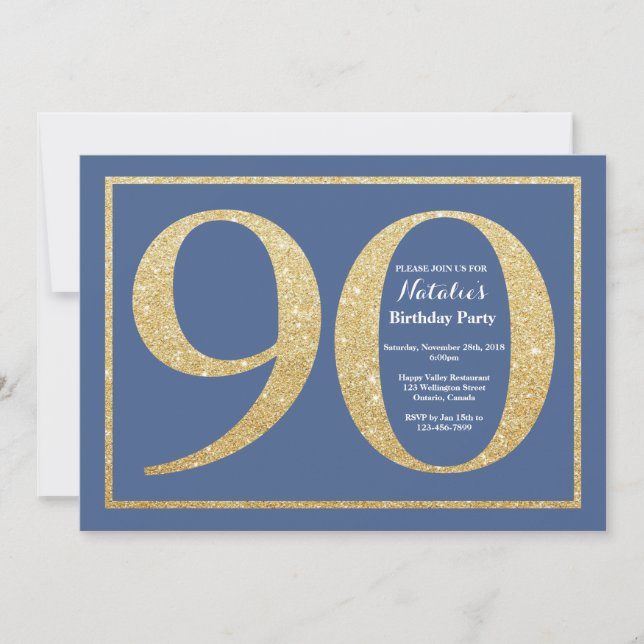 Invitation 90e anniversaire Parties scintillant bleue et or (Devant)