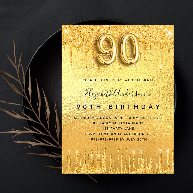 Invitation 90e anniversaire parties scintillant or gouttes (Créateur téléchargé)