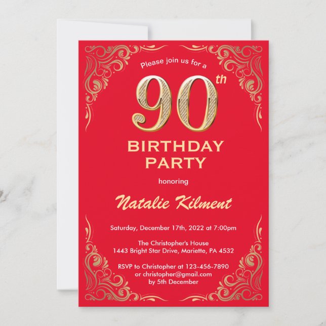 Invitation 90e anniversaire Parties scintillant rouge et or (Devant)