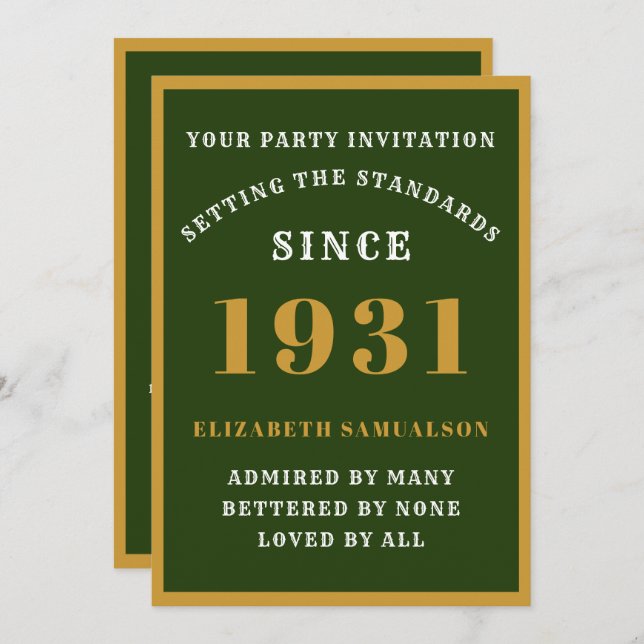 Invitation 90e anniversaire personnalisé 1931 Elégant or vert (Devant / Derrière)