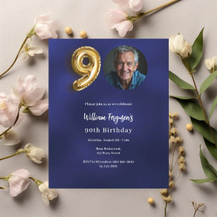 Invitation 90e anniversaire photo or et bleu marin