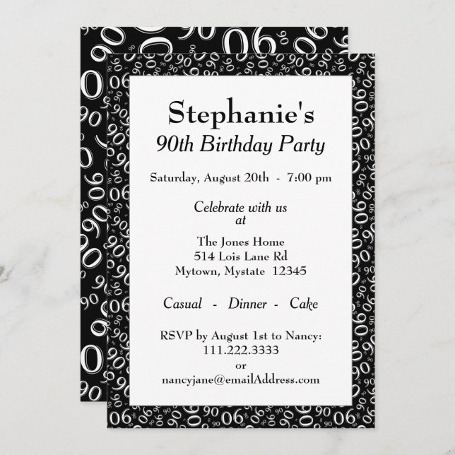 Invitation 90e anniversaire Random Number Motif noir/blanc (Devant / Derrière)