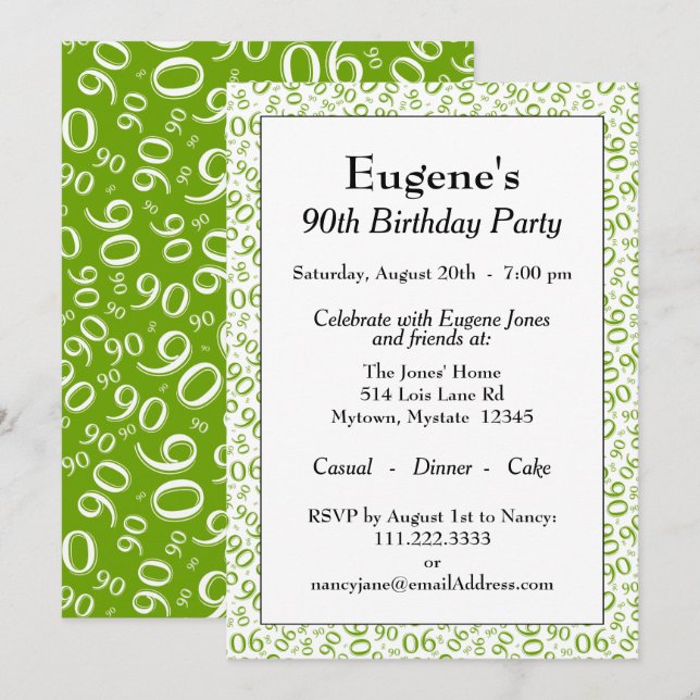 Invitation 90e anniversaire Random Number Motif Vert/Blanc (Devant / Derrière)