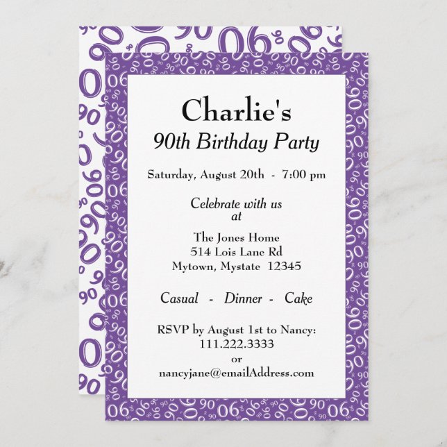 Invitation 90e anniversaire Random Number Motif violet/blanc (Devant / Derrière)