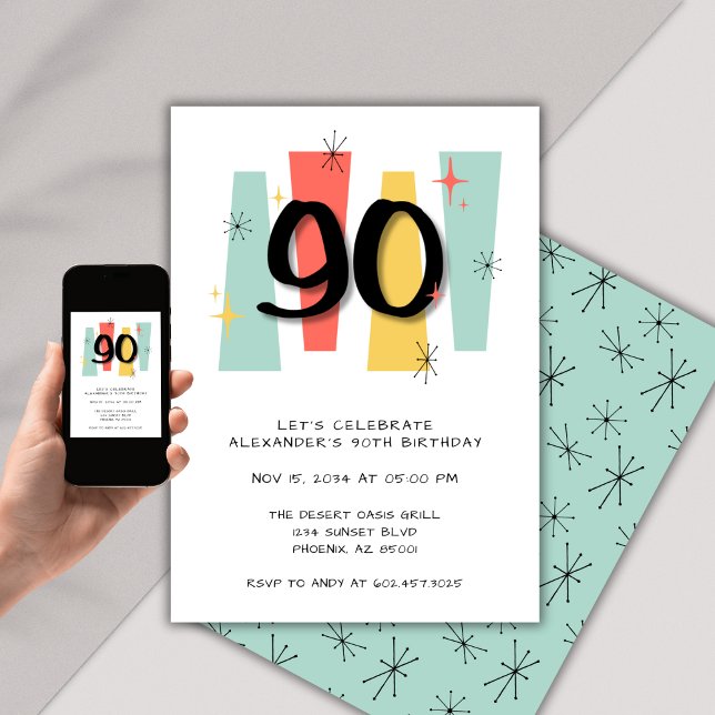 Invitation 90e anniversaire Retro Midsiècle moderne coloré (Créateur téléchargé)