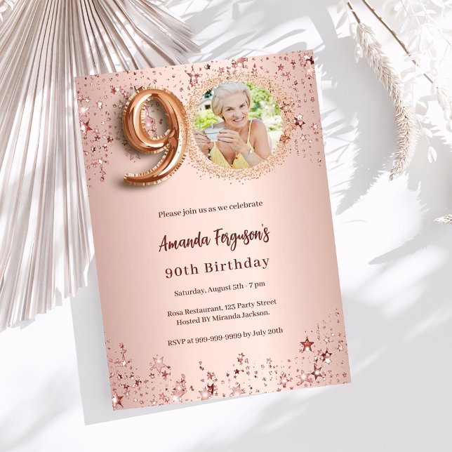 Invitation 90e anniversaire rose or photo étoiles luxe (Créateur téléchargé)