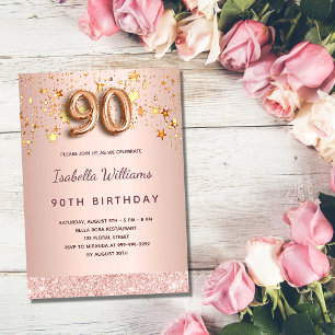 Invitation 90e anniversaire rose or rose étoiles script ballo