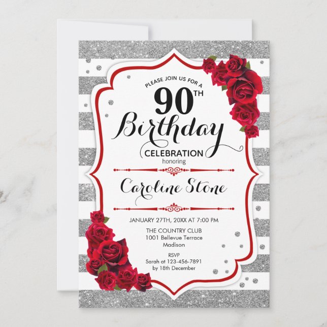 Invitation 90e anniversaire - Rouge argent blanc rayures Rose (Devant)
