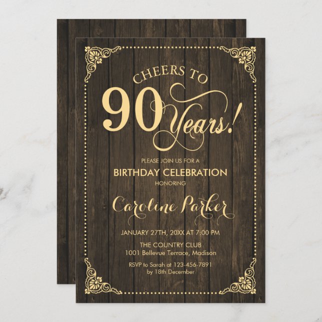 Invitation 90e anniversaire - Rustic Wood Gold (Devant / Derrière)
