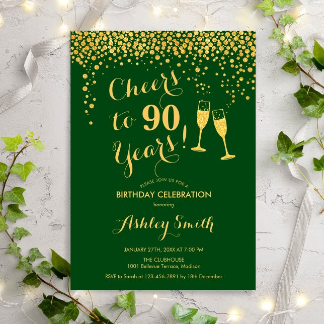 Invitation 90e Anniversaire - Salutations À 90 Ans Or Vert (Créateur téléchargé)