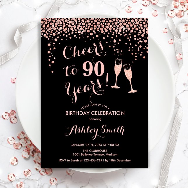 Invitation 90e Anniversaire - Salutations À 90 Ans Rose Or No (Créateur téléchargé)