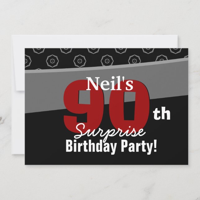 Invitation 90e anniversaire surprise Blanc noir Horizontal (Devant)