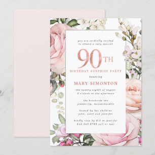 Invitation 90e anniversaire Surprise Party Blush rose floral