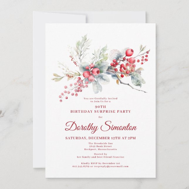 Invitation 90e anniversaire Surprise Party Verdure Berry Roug (Devant)