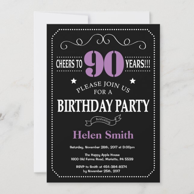 Invitation 90e Anniversaire Tableau Noir et Violet (Devant)