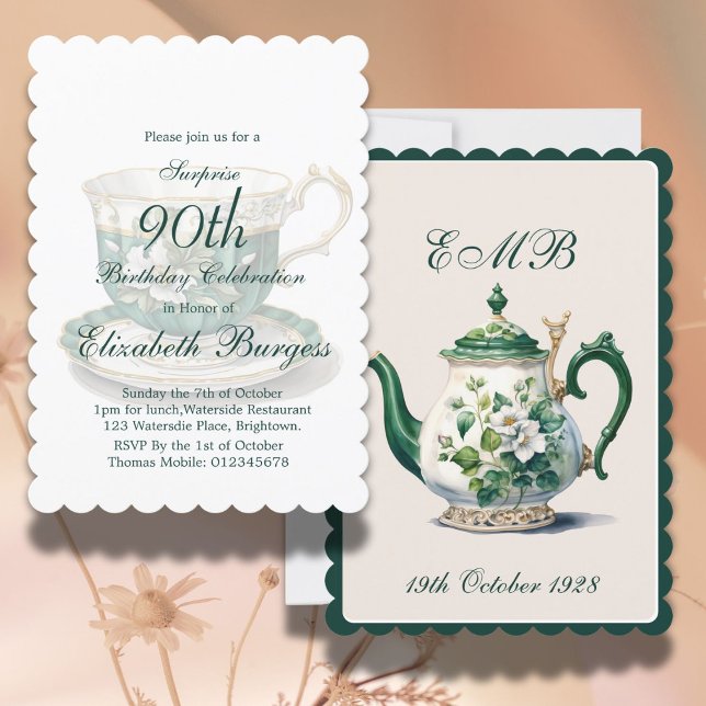Invitation 90e anniversaire Tea Party Green Regency Anniversa (Créateur téléchargé)