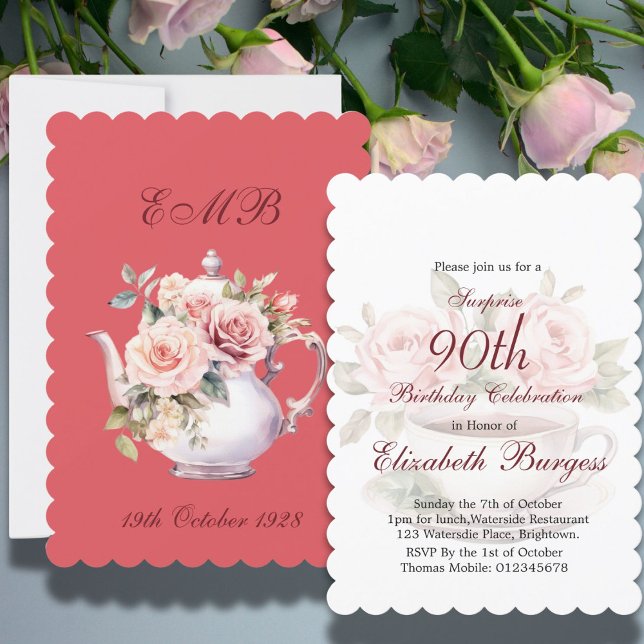 Invitation 90e anniversaire Tea Party Pink Floral Rose Annive (Créateur téléchargé)