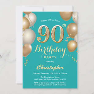 Invitation 90e anniversaire Turquoise et or Balloons Confetti