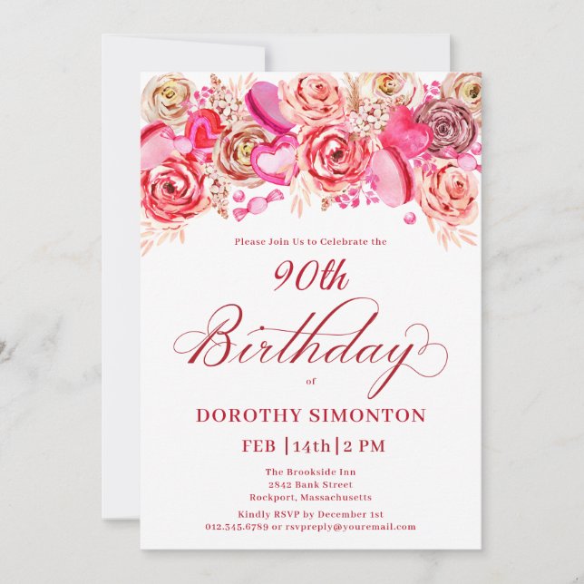 Invitation 90e anniversaire Valentine Rose Rose Coeur Tourbil (Devant)