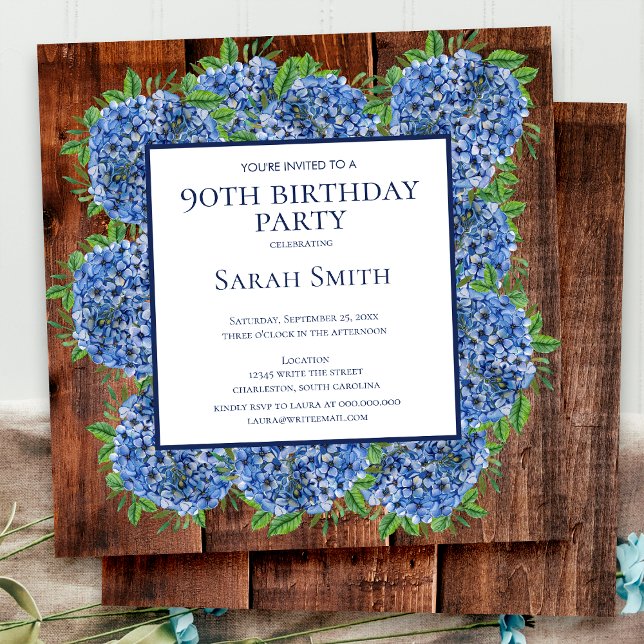 Invitation 90e anniversaire Wood Blue Hydrangeas Rustic Party (Créateur téléchargé)