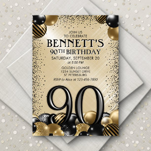 Invitation 90e Ballons Black Gold Anniversaire