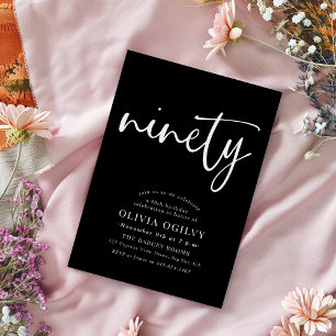 Invitation 90e Blanc sur Noir fête d'anniversaire Script mode