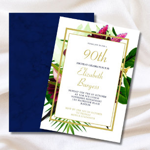 Invitation 90E Blue Gold Floral Élégant Anniversaire Moderne