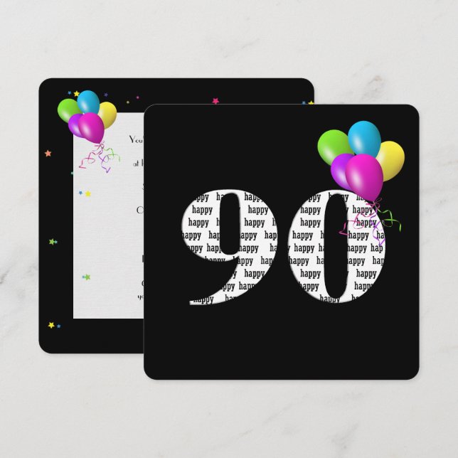 Invitation 90e fête d'anniversaire avec bouquet de ballons (Devant / Derrière)