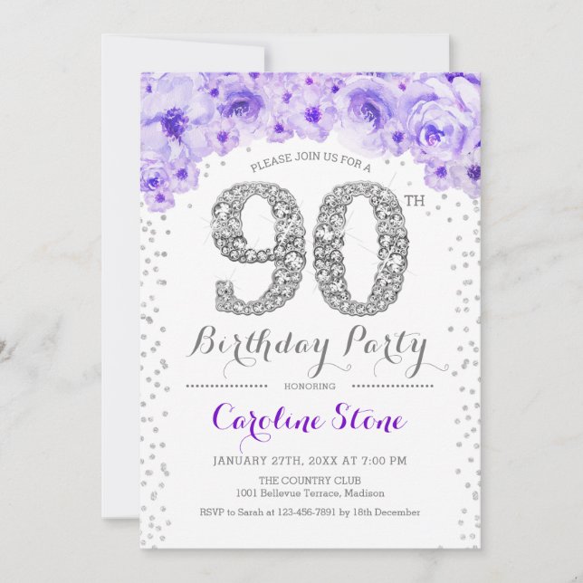 Invitation 90e fête d'anniversaire - Blanc Silver violet (Devant)