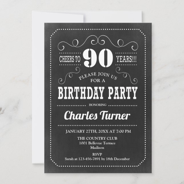 Invitation 90e fête d'anniversaire - Chalkboard noir blanc (Devant)