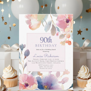 Invitation 90e fête d'anniversaire Pink Watercolor Floral