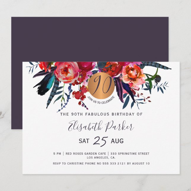 Invitation 90e Moderne chic floral aquarelle fête d'anniversa (Devant / Derrière)