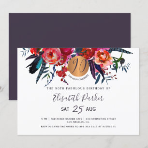 Invitation 90e Moderne chic floral aquarelle fête d'anniversa