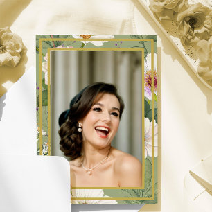 Invitation 90E Photo Green Gold Floral Elégant Anniversaire