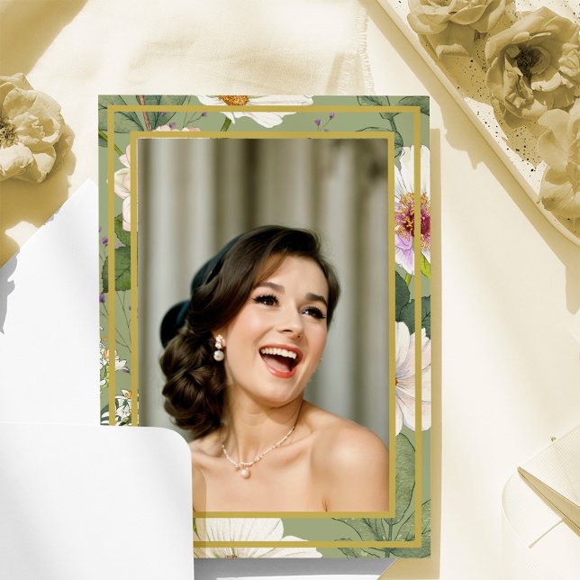 Invitation 90E Photo Green Gold Floral Elégant Anniversaire (Créateur téléchargé)