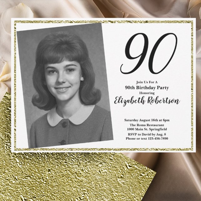 Invitation 90e photo personnalisé blanc et or (Créateur téléchargé)