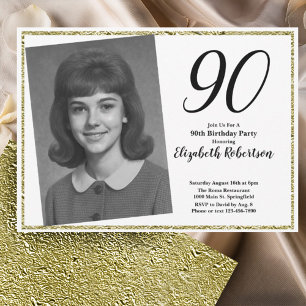 Invitation 90e photo personnalisée blanc et or