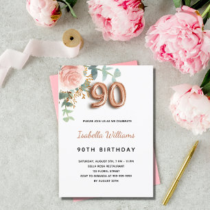 Invitation 90ème anniversaire fleuri rose or eucalyptus vert