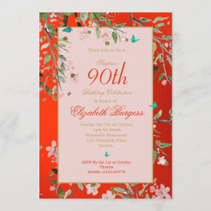Invitation 90ème anniversaire floral rouge élégant rose or