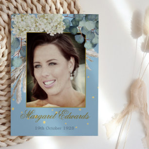 Invitation 90ème Floral Blue Gold Elegant Photo Anniversaire