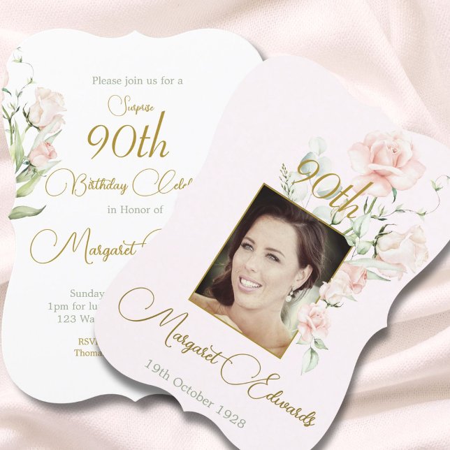 Invitation 90ème Floral Blush Pink Elegant Photo Anniversaire (Créateur téléchargé)