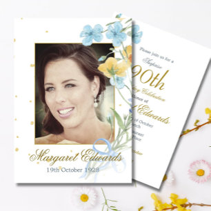 Invitation 90ème Floral Gold Elegant Photo Anniversaire