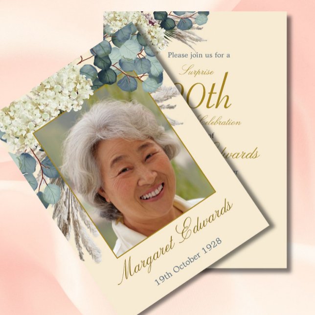 Invitation 90ème Floral Neutral Cream Élégante photo Annivers (Créateur téléchargé)